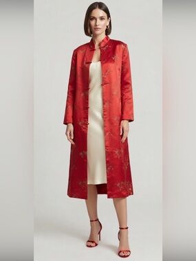 VTG.Chinese Red Silk Satin Floral Embroidered CheongsamRobeDress Mandarin Collar